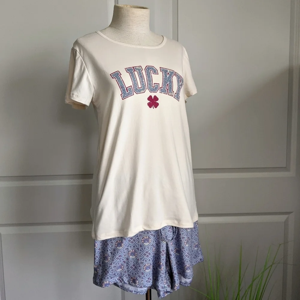 Lucky Brand Pajama Lounge Set Shorts Short Sleeve Tee Top White Red Blue M NWT - Picture 2 of 13